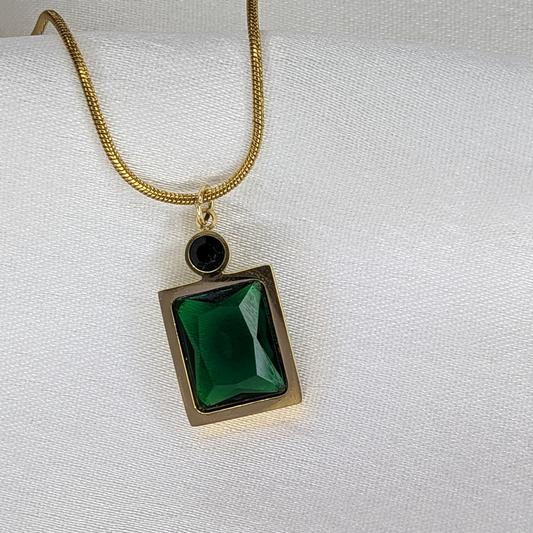 Gold Tone Emerald Green Square Pendant with Round Crystal Accent