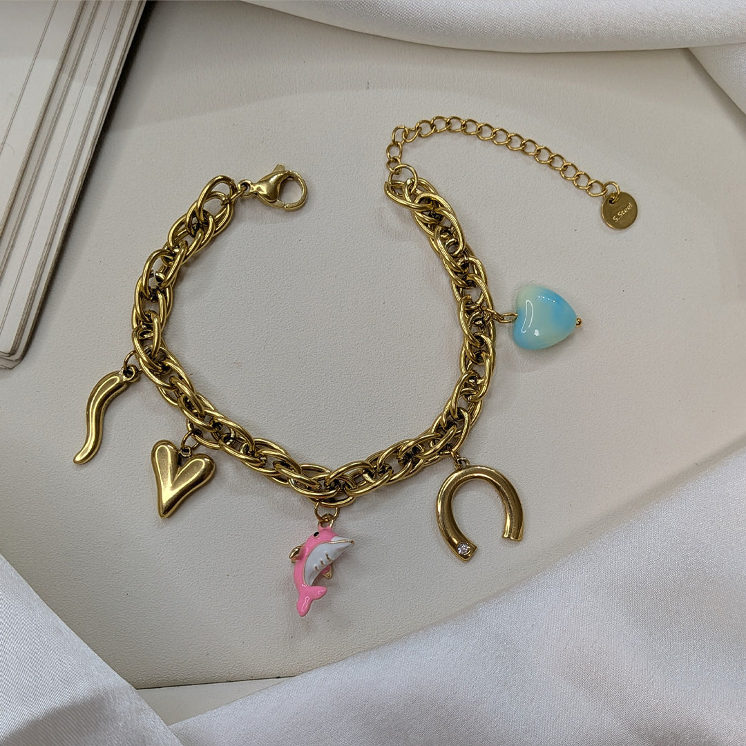 Gold Finish Dolphin & Horseshoe Charm Bracelet For Girls & Women (Anti-Tarnish)