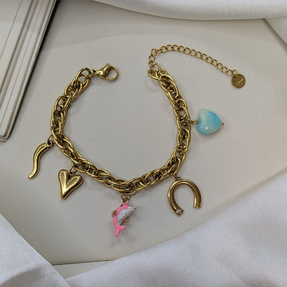 Gold Finish Dolphin & Horseshoe Charm Bracelet For Girls & Women (Anti-Tarnish)