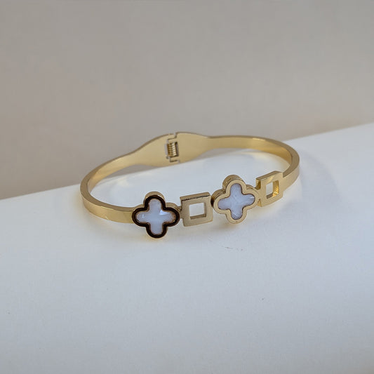 Gold Plated Dual Clover & Square Link Designer Bracelet For Girls & Women