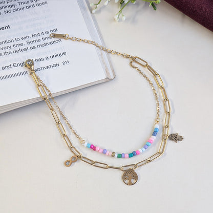 Gold Finish Hamsa Charm Tree & Multicolor Beaded Anklet For Girls & Women