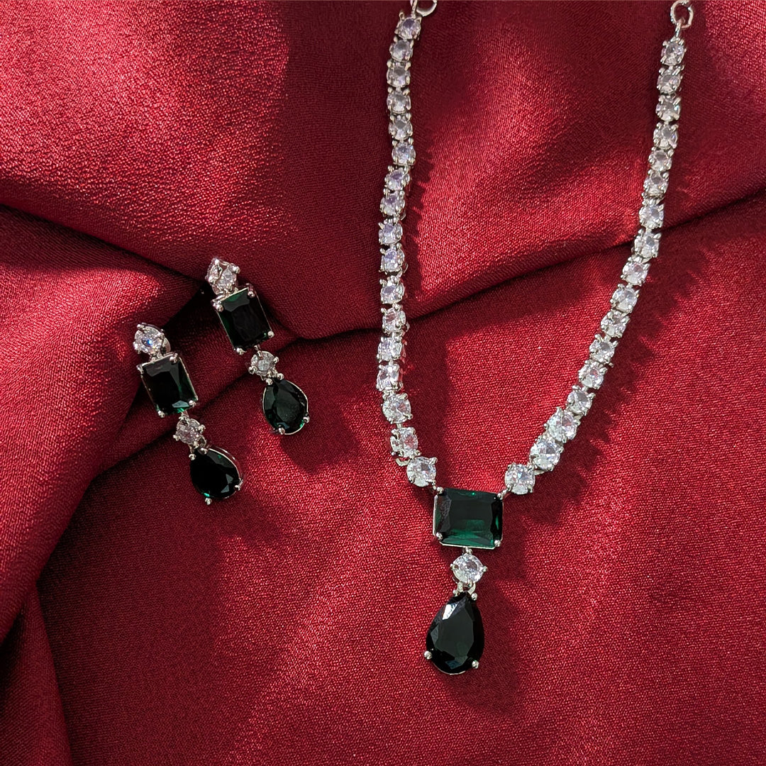 Silver Finish Classic Rectangular & Teardrop Stone Jewellery Set For Women