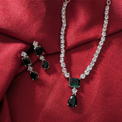 Silver Finish Classic Rectangular & Teardrop Stone Jewellery Set For Women