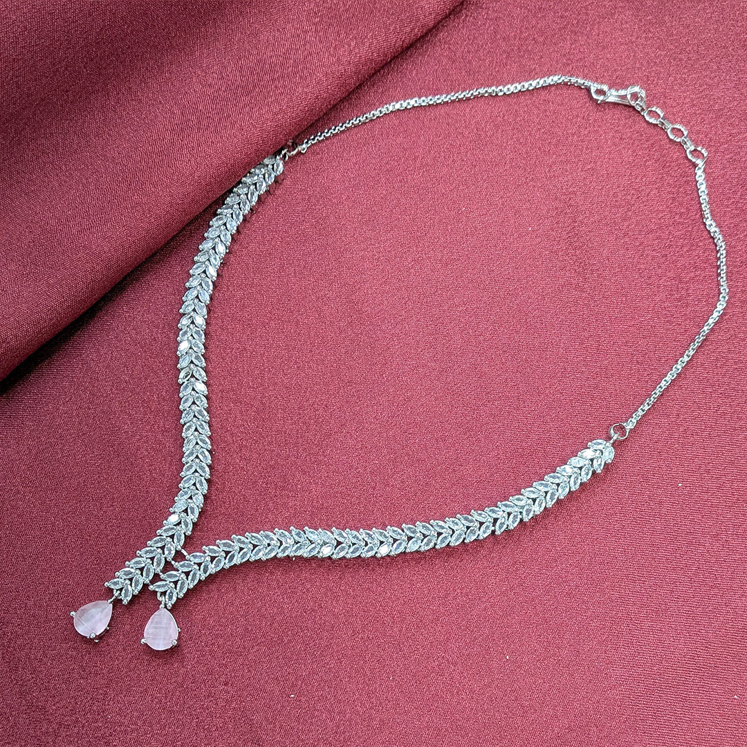 Silver Finish Leaf Design AD Teardrop Stones Necklace Set for Girls & Women