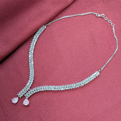 Silver Finish Leaf Design AD Teardrop Stones Necklace Set for Girls & Women