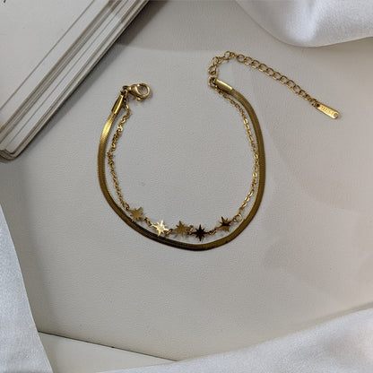 Gold Finish Dual Layered Star Charm & Flat Snake Chain Bracelet for Women (Anti-Tarnish)