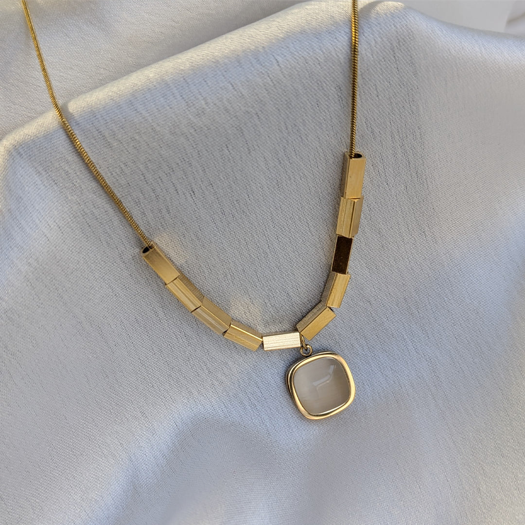 Gold Plated Square Grey Stone Geometric Pendant For Girls & Women