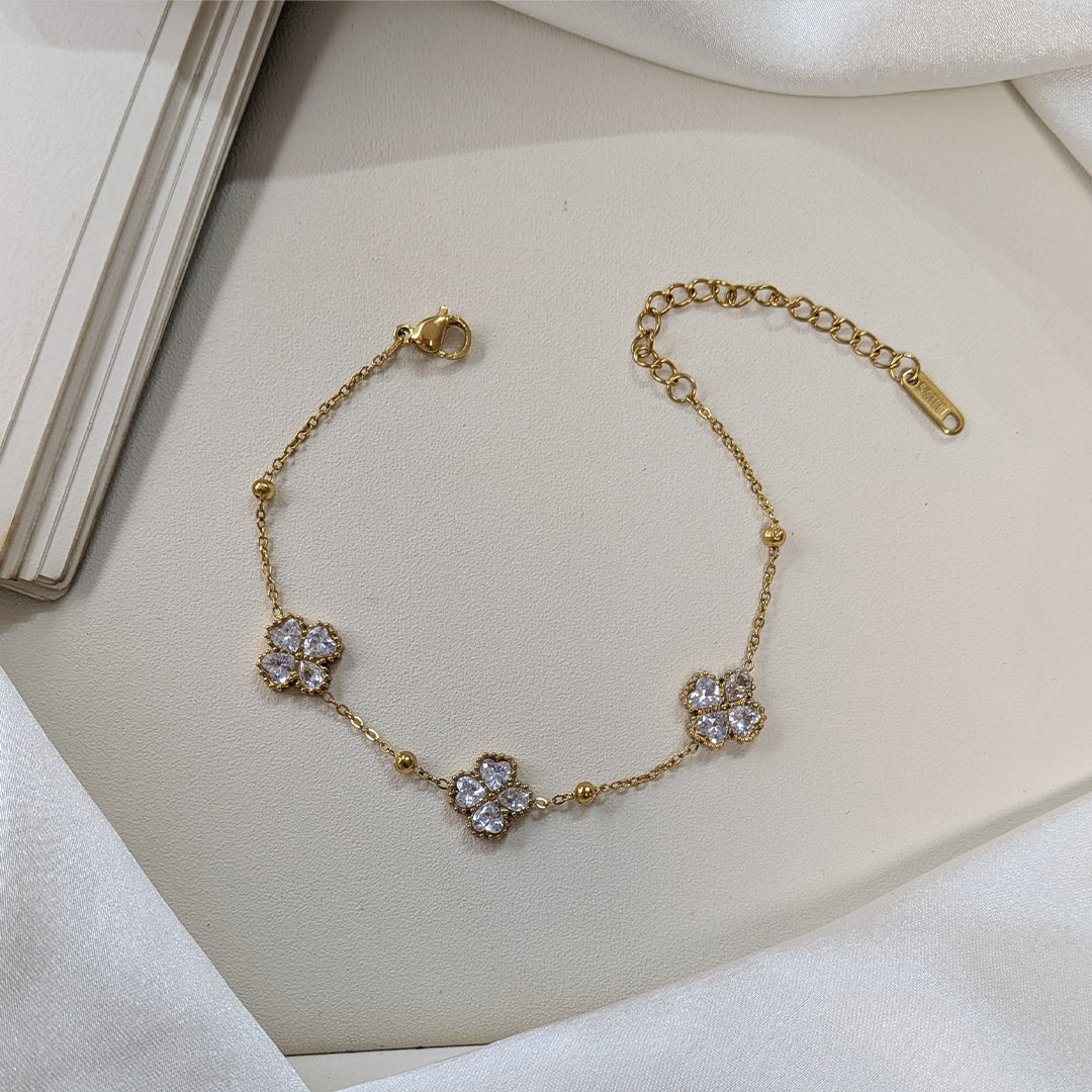 Gold Finish Triple Crystal Floral Bracelet For Girls & Women (Anti-Tarnish)