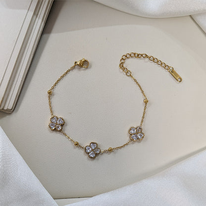 Gold Finish Triple Crystal Floral Bracelet For Girls & Women (Anti-Tarnish)