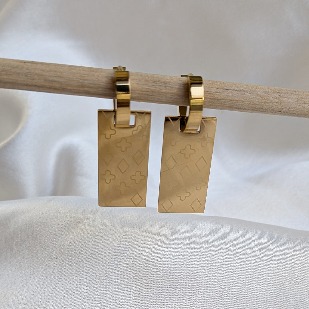 Gold Tone Engraved Geometric Rectangle Drop Earrings with Hoop for Girls & Women