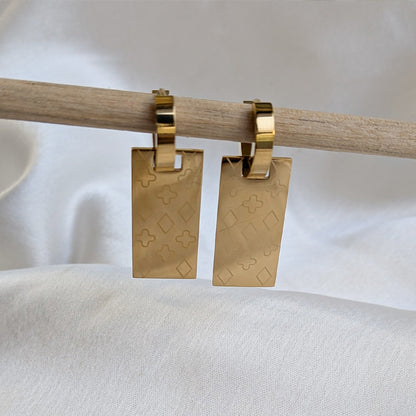 Gold Tone Engraved Geometric Rectangle Drop Earrings with Hoop for Girls & Women