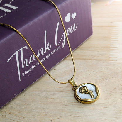18k Gold Plated Rose Pendant Necklace with White Enamel Charm for Women & Girls