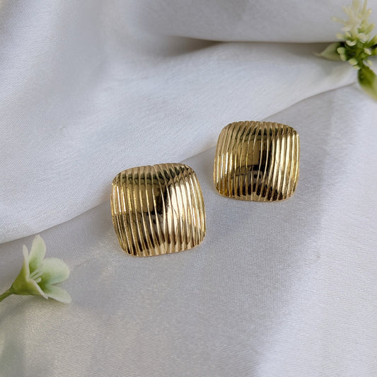 Textured Gold Tone Ribbed Square Earrings For Girls & Women (Anti-Tarnish)