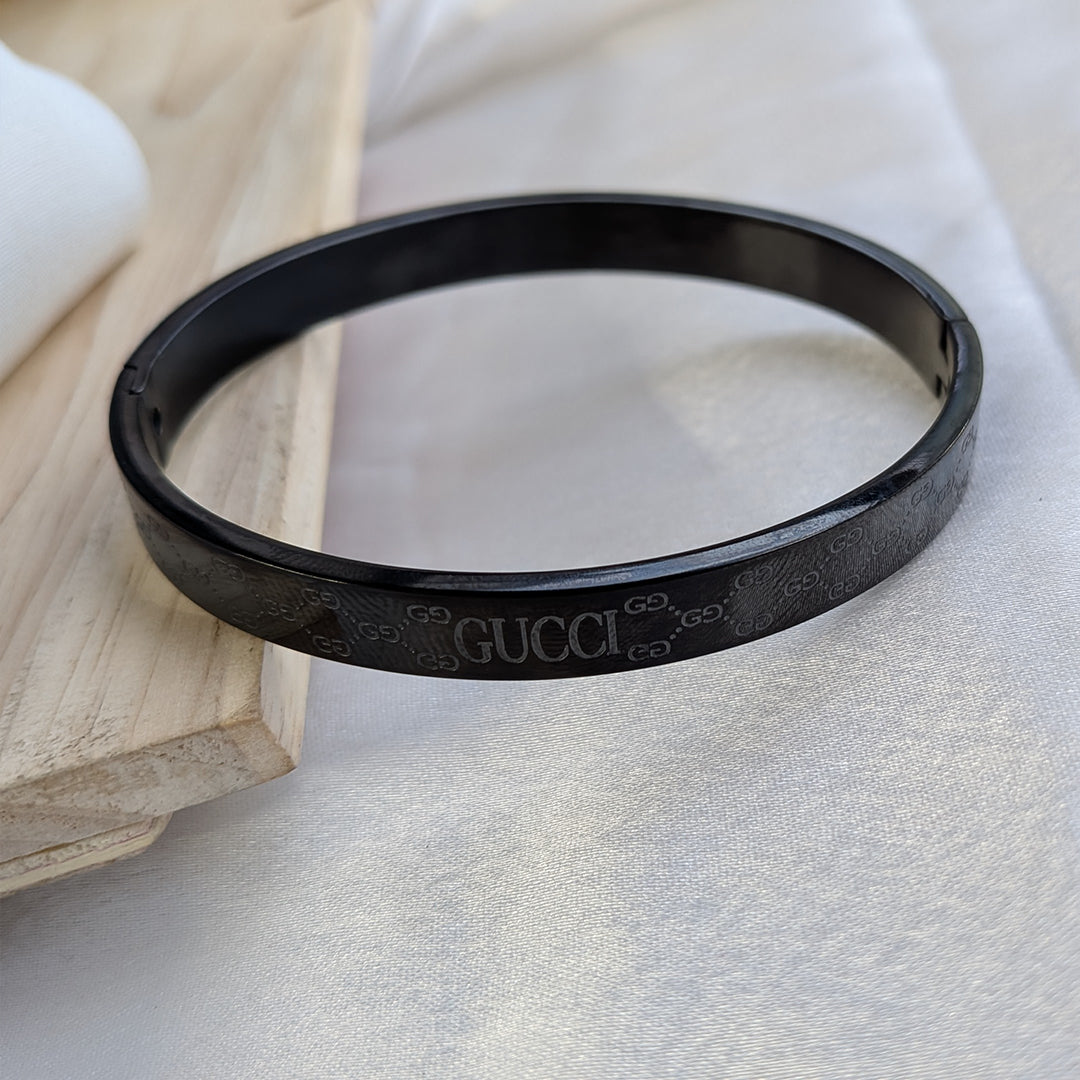 Black Gucci Brand Inspired Intricately Engraved Geometric Design Stainless Steel Bracelet For Men