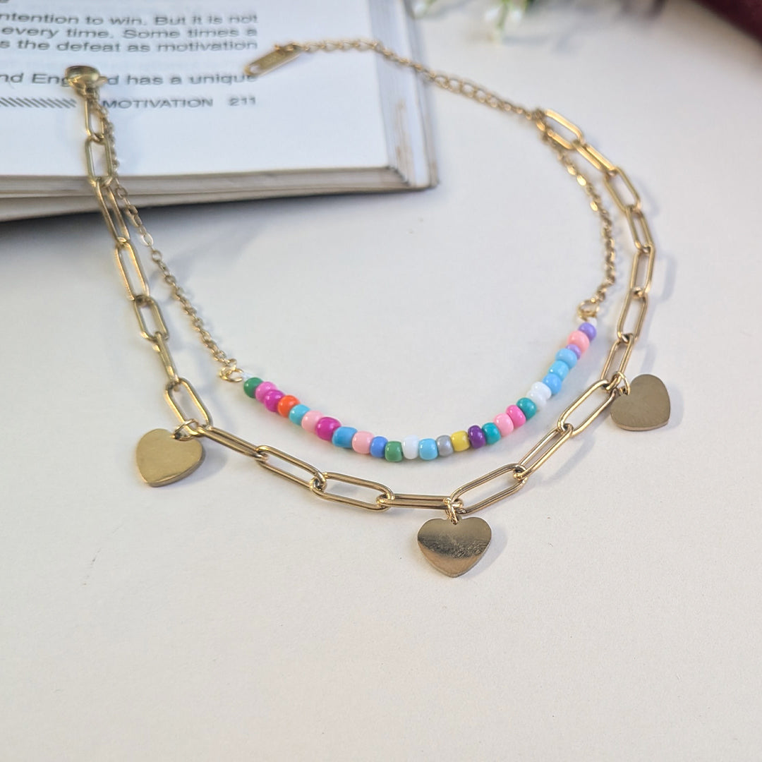 Gold Finish Multicolor Beaded With Heart Charm Anklet For Girls & Women