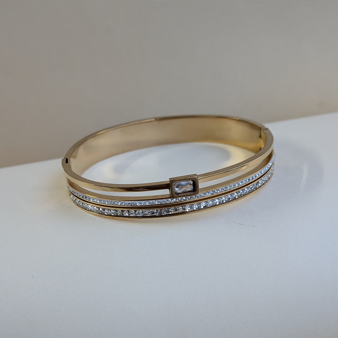 Gold Plated Triple Layer Bracelet with Twin AD Lines & Emerald Centre Stone for Girls & Women