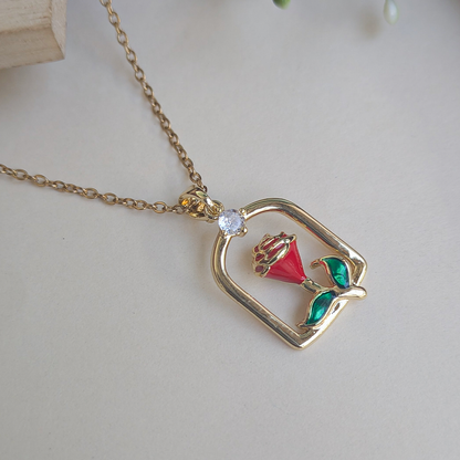 Gold Plated Red Rose Enamel Framed Pendant For Girls & Women