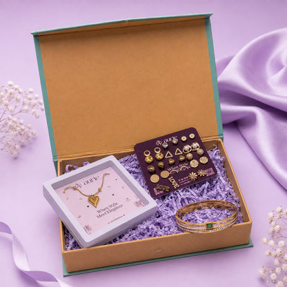 Heart Pendant Necklace, Earrings Set & Stylish Gold Finish Bangle Gift Box