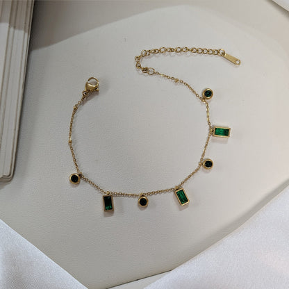 Gold Finish Rectangular & Round Gems Accent Chain Bracelet For Women (Anti-Tarnish)