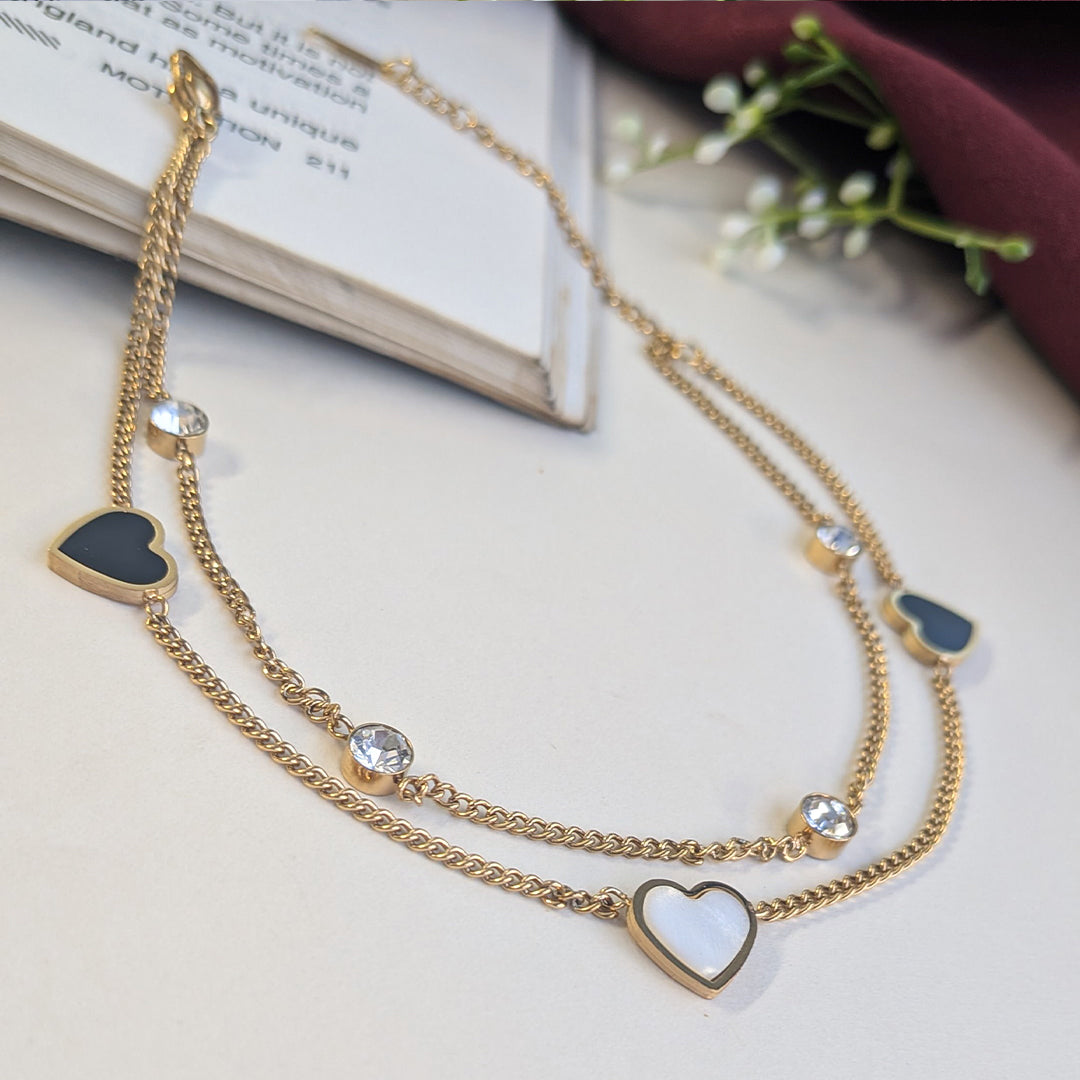 Gold Tone Black & White Heart with Stone Accents Anklet For Girls & Women