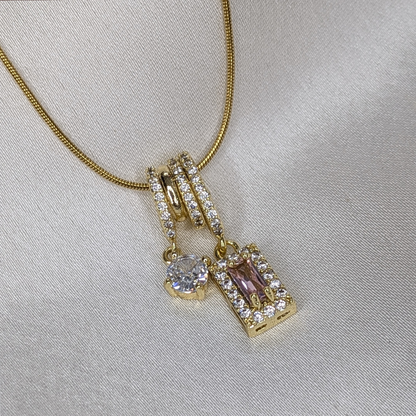 Gold Plated Dual Crystal Barrel & Rectangle Pendant For Girls & Women