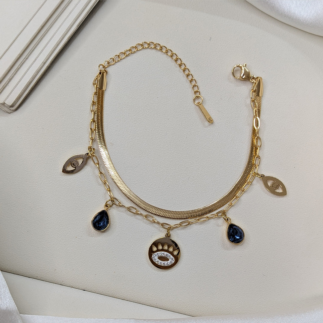 Stylish Gold Finish Evil Eye Charm with Blue Stones Bracelet For Girls & Women (Anti-Tarnish)