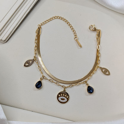 Stylish Gold Finish Evil Eye Charm with Blue Stones Bracelet For Girls & Women (Anti-Tarnish)