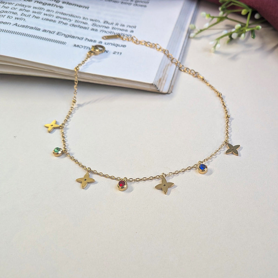 Gold Tone Star Charm Anklet with Multicolor Stone Accents For Women & Girls