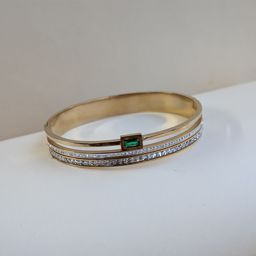 Gold Plated Triple Layer Bracelet with Twin AD Lines & Emerald Centre Stone for Girls & Women