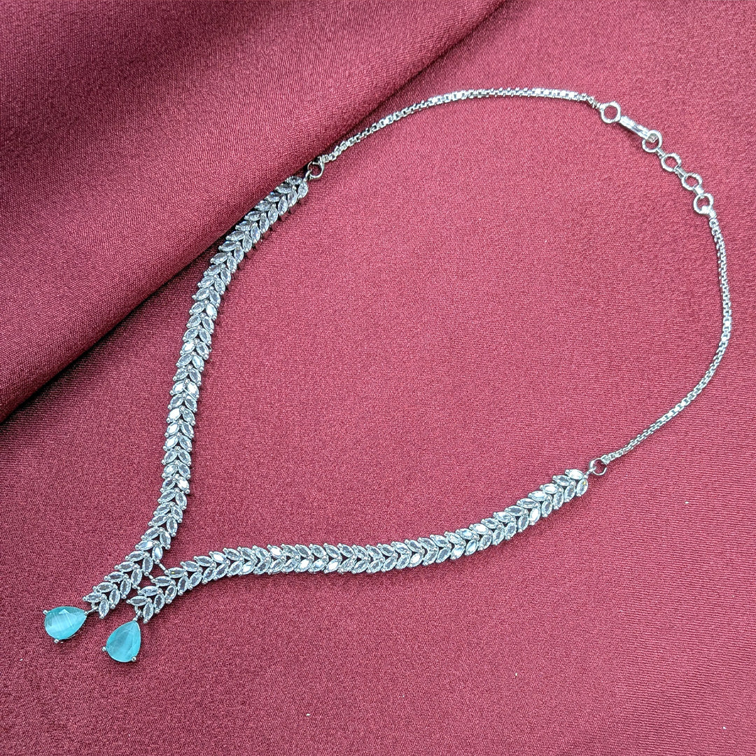 Silver Finish Leaf Design AD Teardrop Stones Necklace Set for Girls & Women