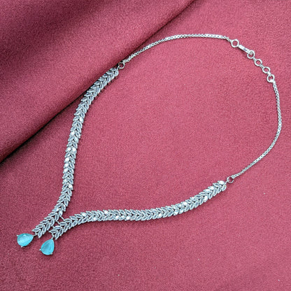 Silver Finish Leaf Design AD Teardrop Stones Necklace Set for Girls & Women