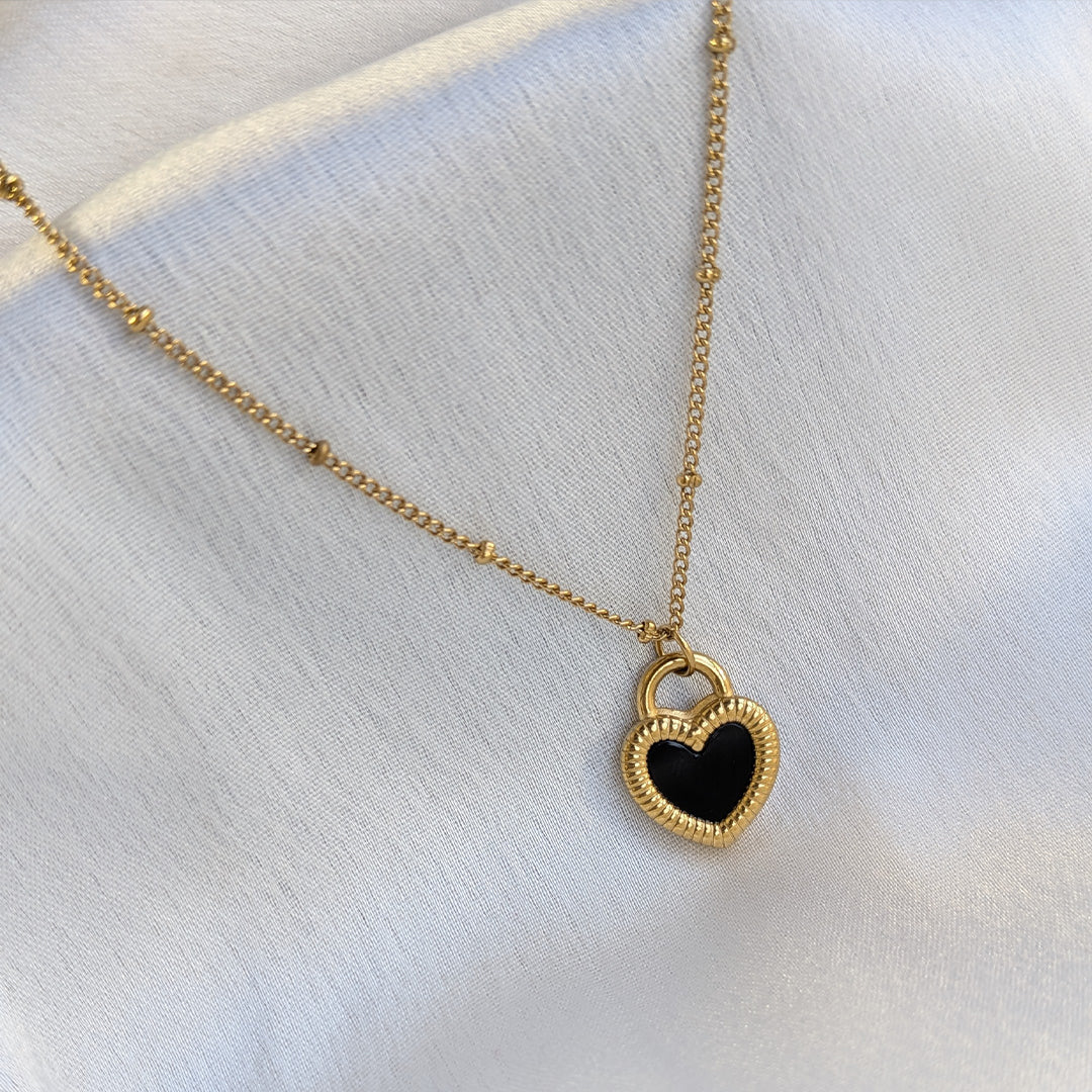 Gold Plated Black Enamelled Heart Pendant With Beaded Chain For Girls & Women