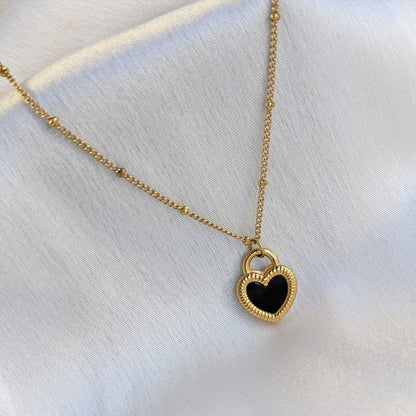 Gold Plated Black Enamelled Heart Pendant With Beaded Chain For Girls & Women