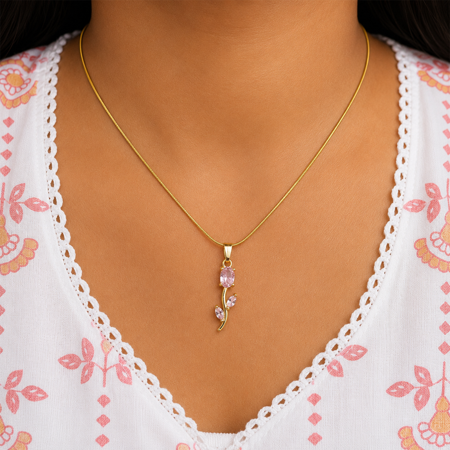 Tulip Two Leaf Floral Pendant Necklace For Girls & Women's