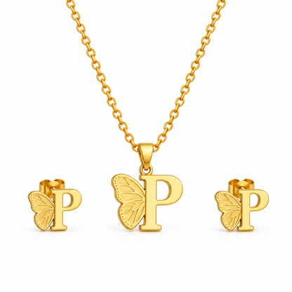 Attached Butterfly With Alphabet Pendant Set for Girl's & Womens