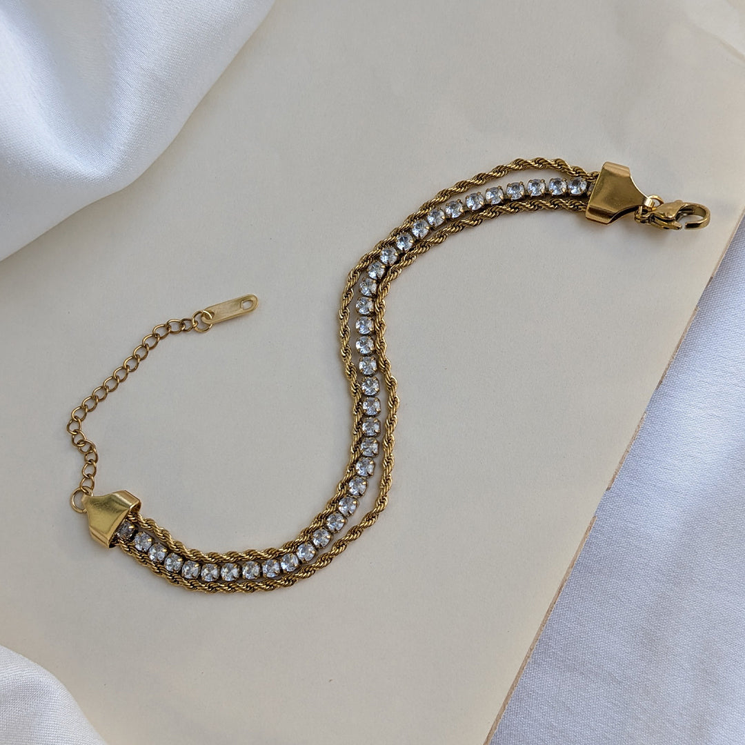 Gold Plated Twisted Dual-Layer Rope Bracelet with Luxe AD Stones For Girls & Women
