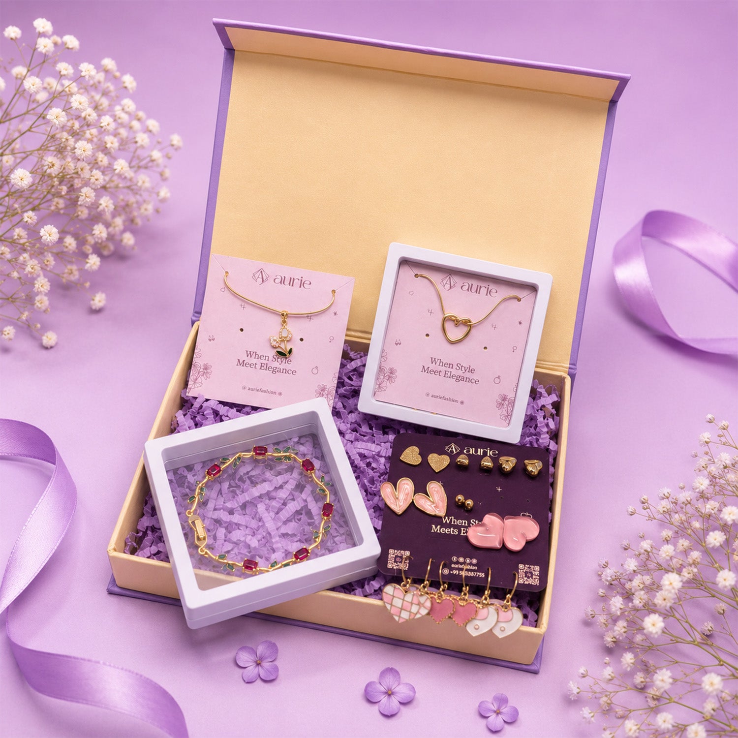 Gold Finish Necklace, Bracelet & Stylish Earrings Set, Heart & Floral Design Jewellery Gift Box