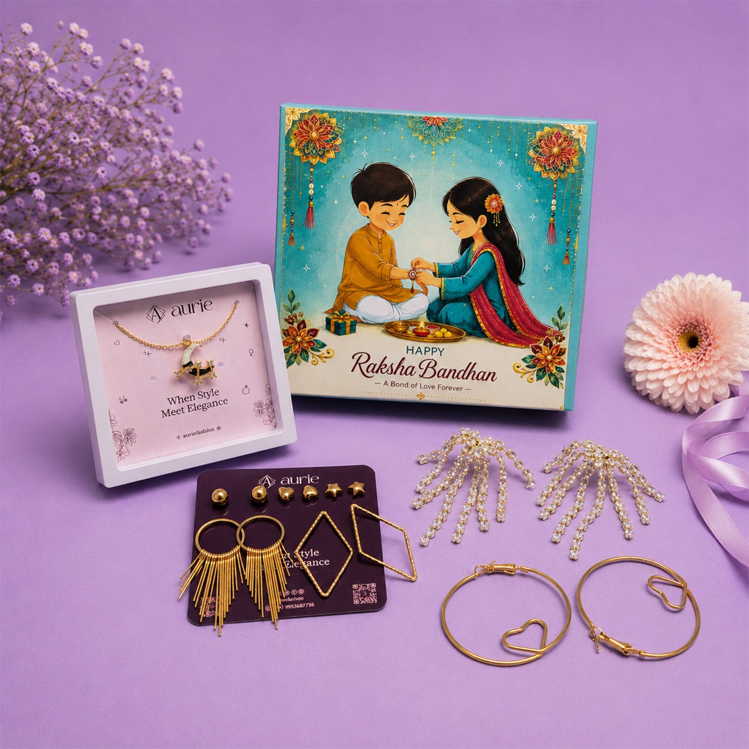 Gold Finish Necklace, Multi-Style Earrings & Heart Hoop Earrings Jewellery Gift Box