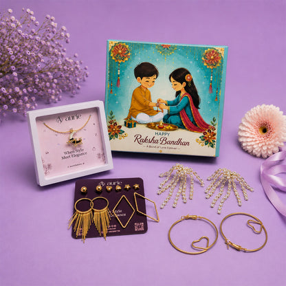 Gold Finish Necklace, Multi-Style Earrings & Heart Hoop Earrings Jewellery Gift Box