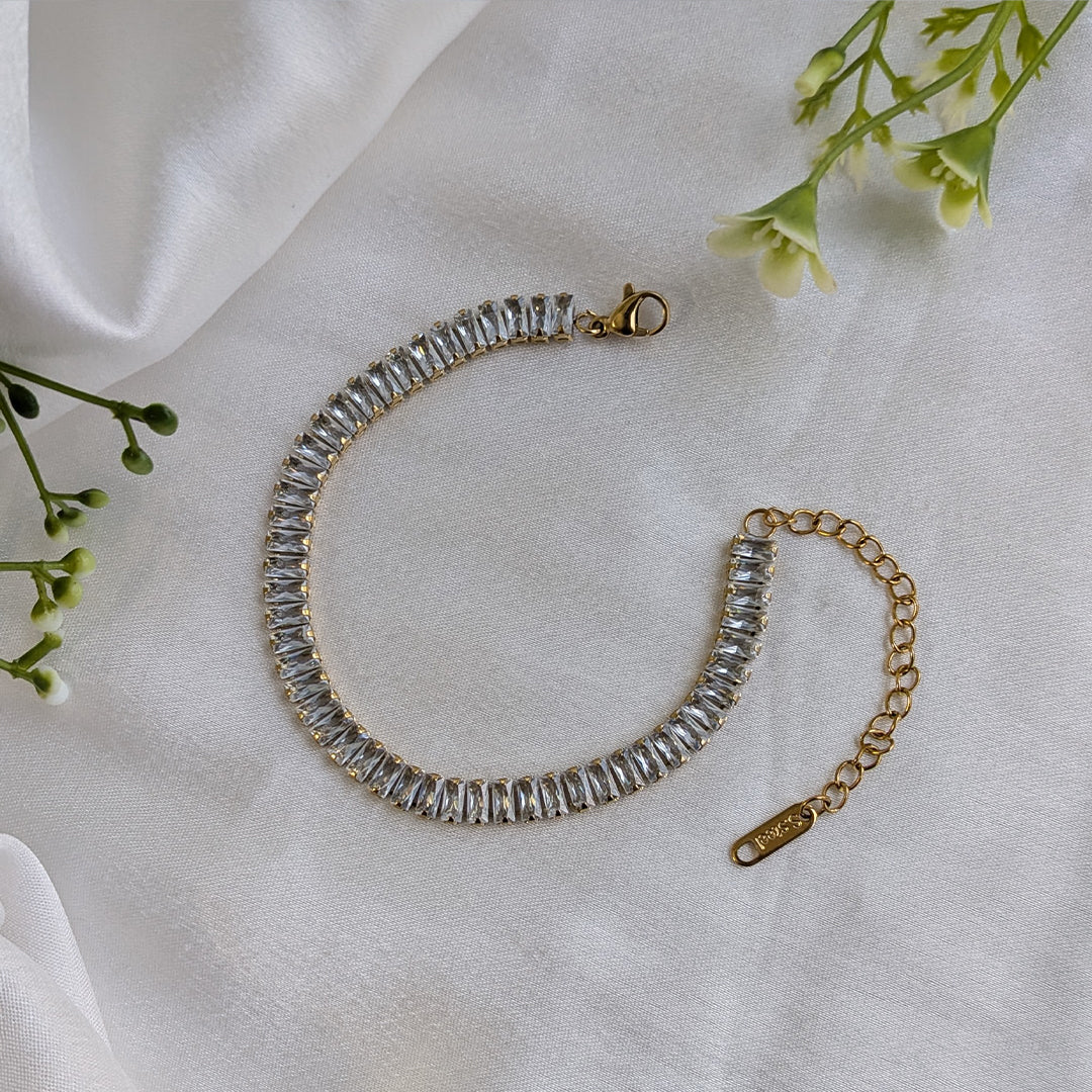 Elegant Gold Plated Baguette AD Stone Tennis Bracelet For Girls & Women