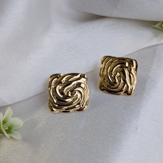 Gold Finish Retro Square Swirl Earrings For Girls & Women (Anti-Tarnish)
