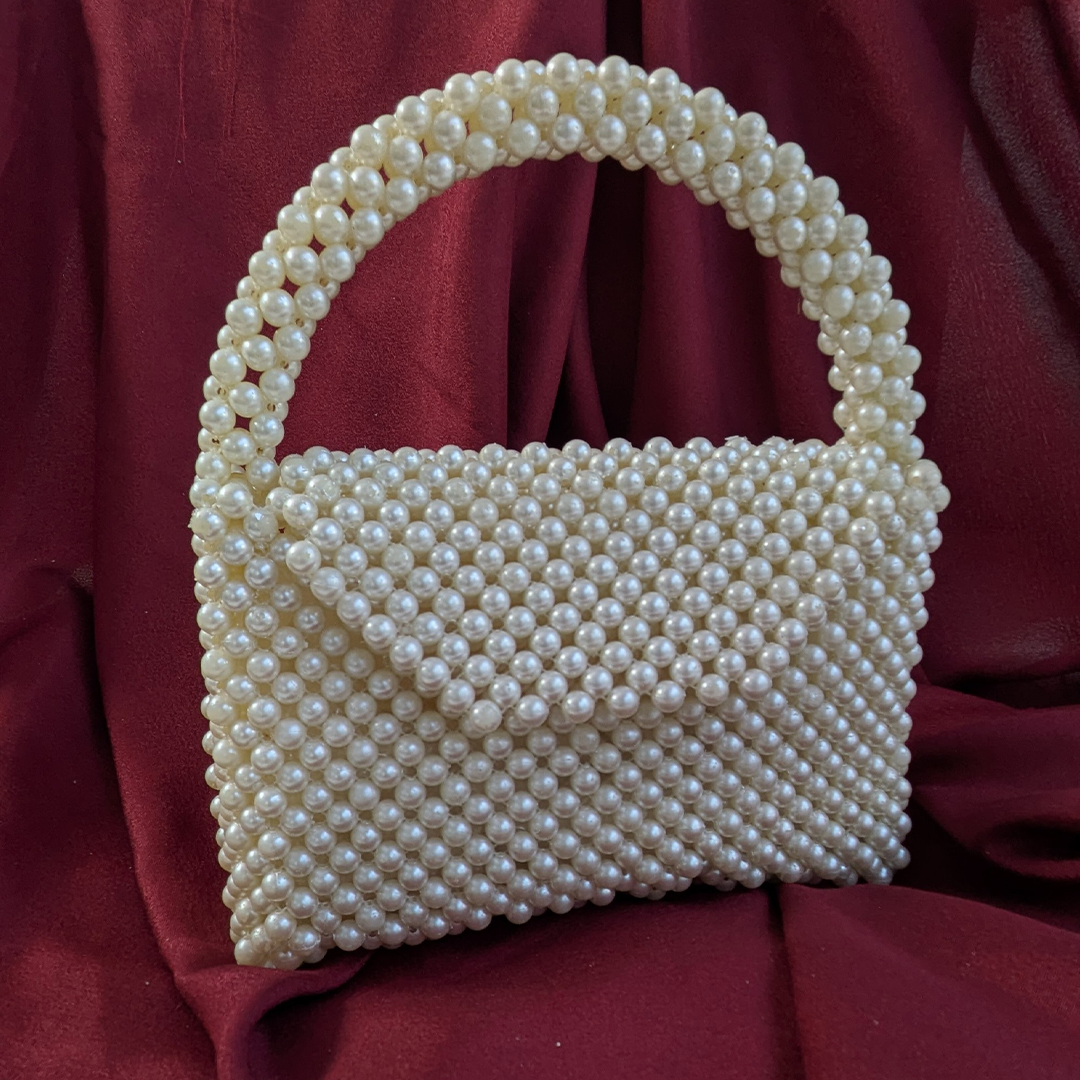 Elegant White Pearl-Embellished Evening Handbag for Women