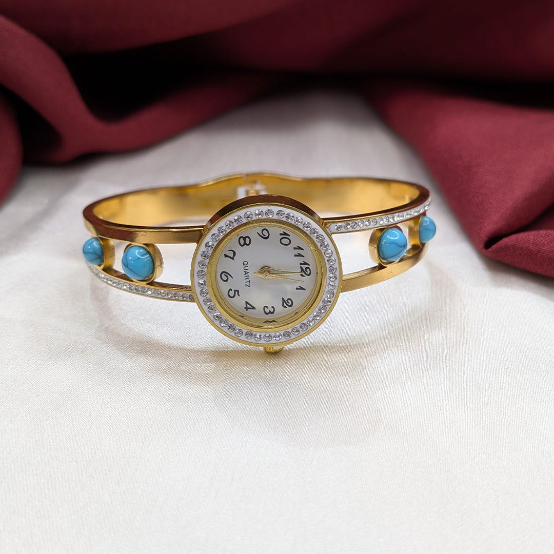 Classic Analog AD Studded With Blue Beaded Band Bracelet Watch For Girls & Women