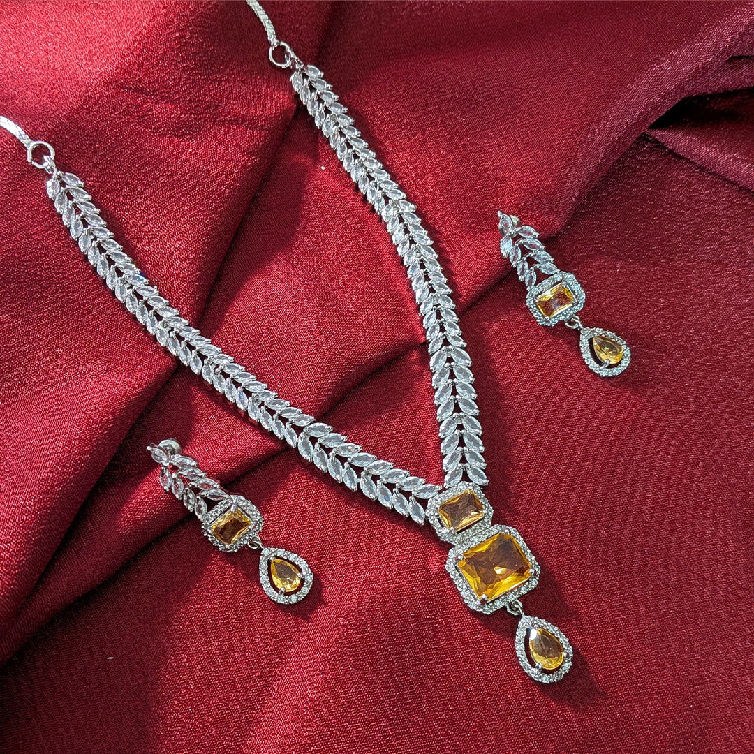 AD Luxe Square & Teardrop Gemstone Necklace With Matching Earrings For Women