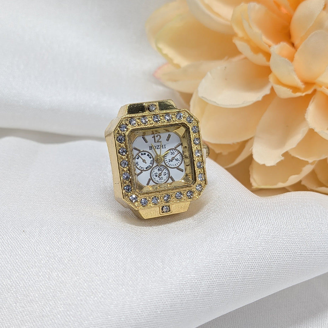 American Diamond Square Dial Adjustable Ring Watch for Men & Women