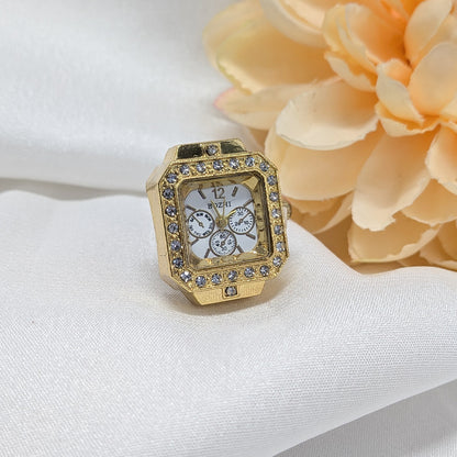 American Diamond Square Dial Adjustable Ring Watch for Men & Women