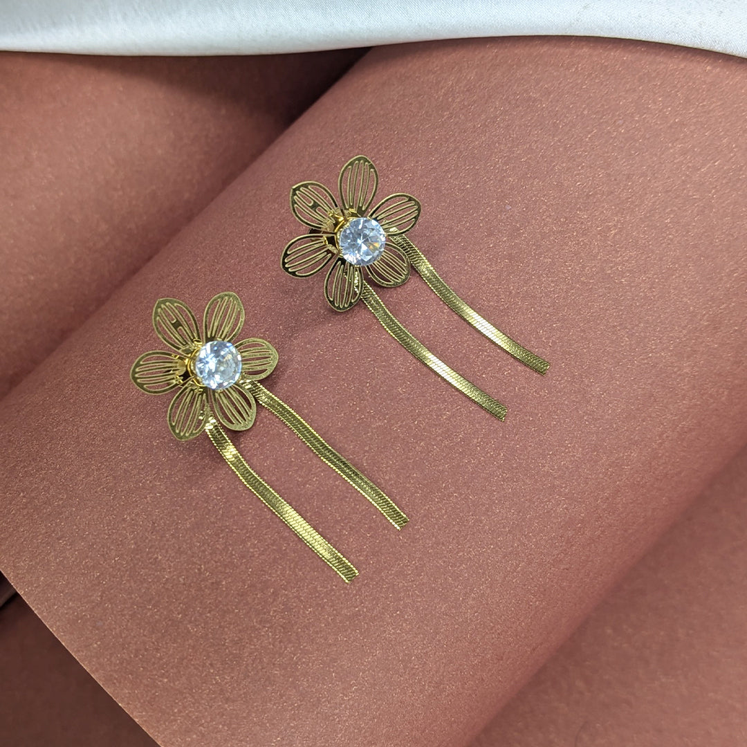 Gold Plated Five Petal Floral Crystal Pendant & Earring Set for Women