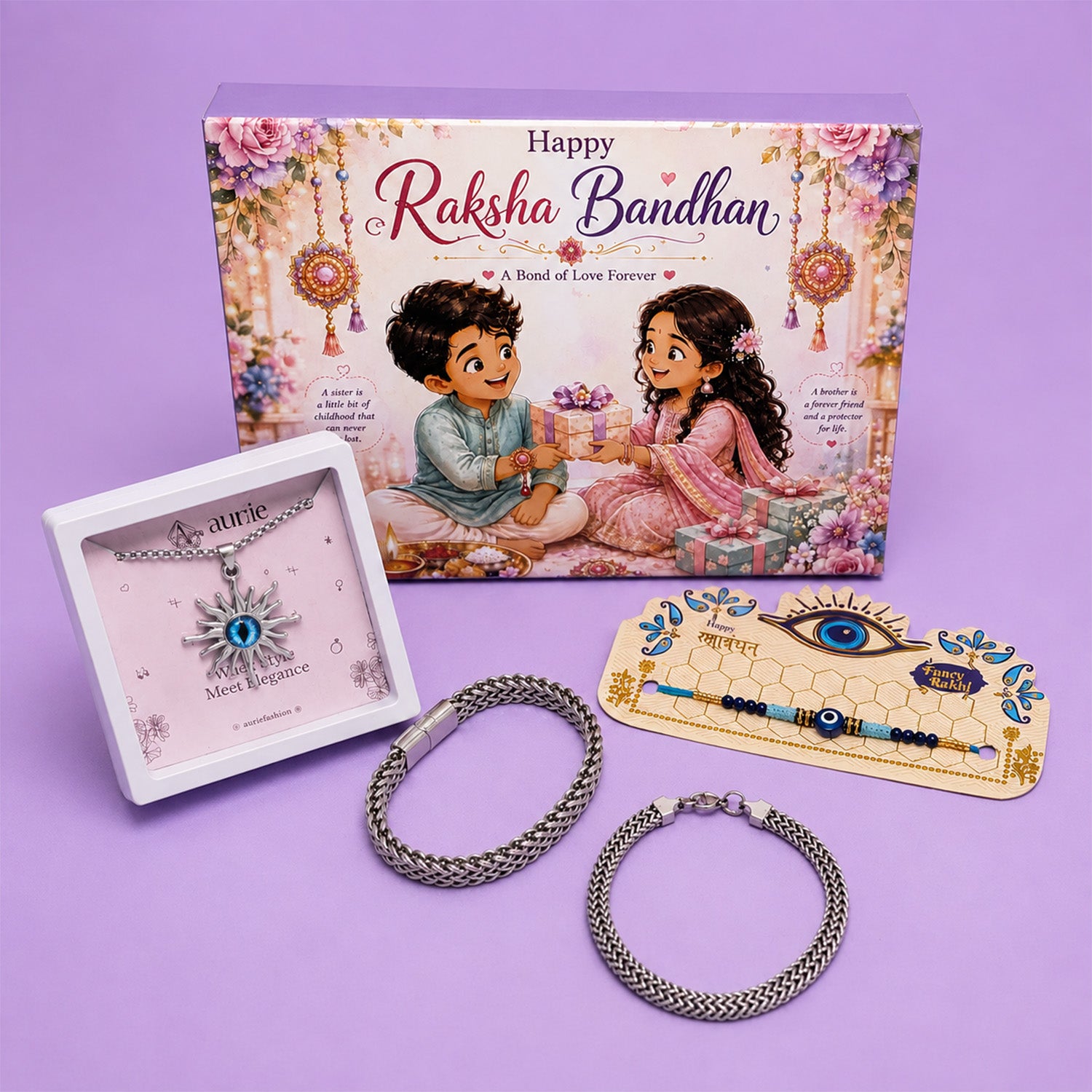 Rakhi with Stylish Pendant Necklace & 2 Trendy Bracelets Gift Box
