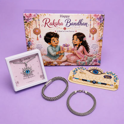 Rakhi with Stylish Pendant Necklace & 2 Trendy Bracelets Gift Box