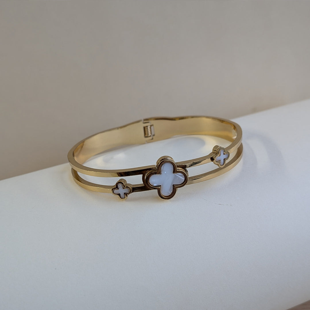 Elegant Gold Plated Clover Bracelet with White Enamel Accents For Girls & Women